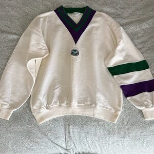 Wimbledon White V-Neck Sweaatshirt with Green & Purple Trim